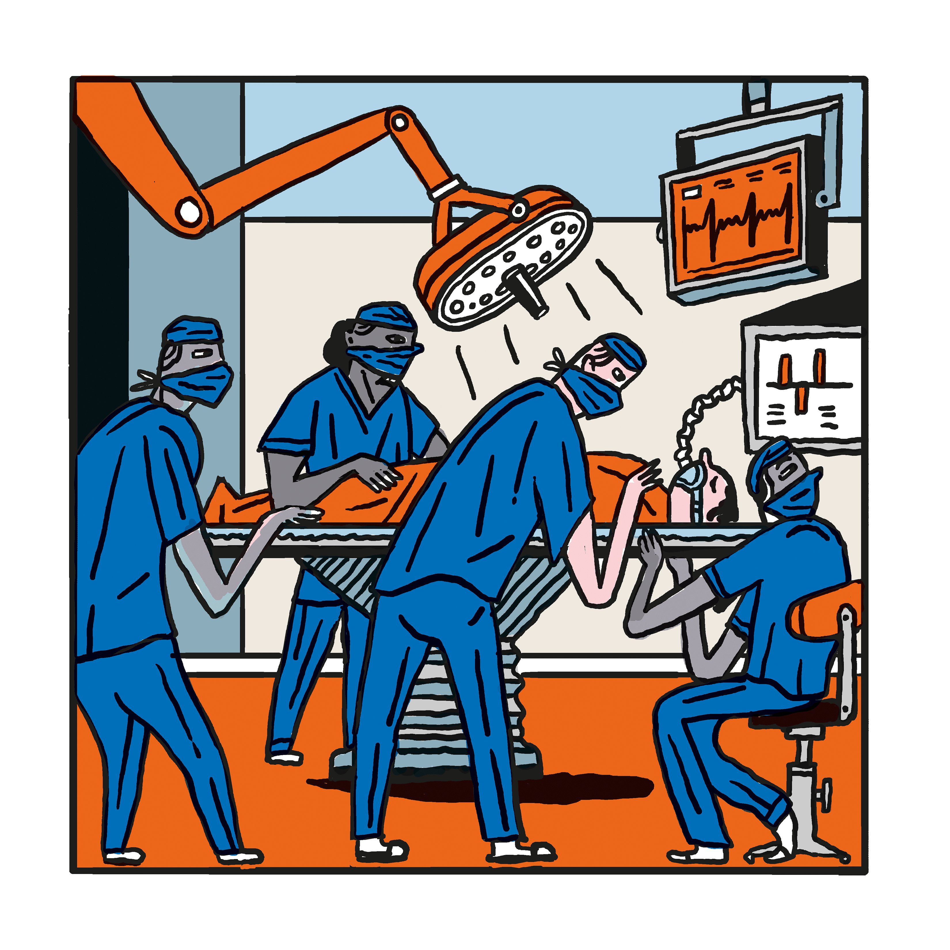 Blick in einen OP-Saal: Vier behandelnde Personen stehen und sitzen um den narkotisierten Hubert herum. Über seiner Liege eine große Leuchte, daneben Monitore mit Herzschlag und Grafiken.