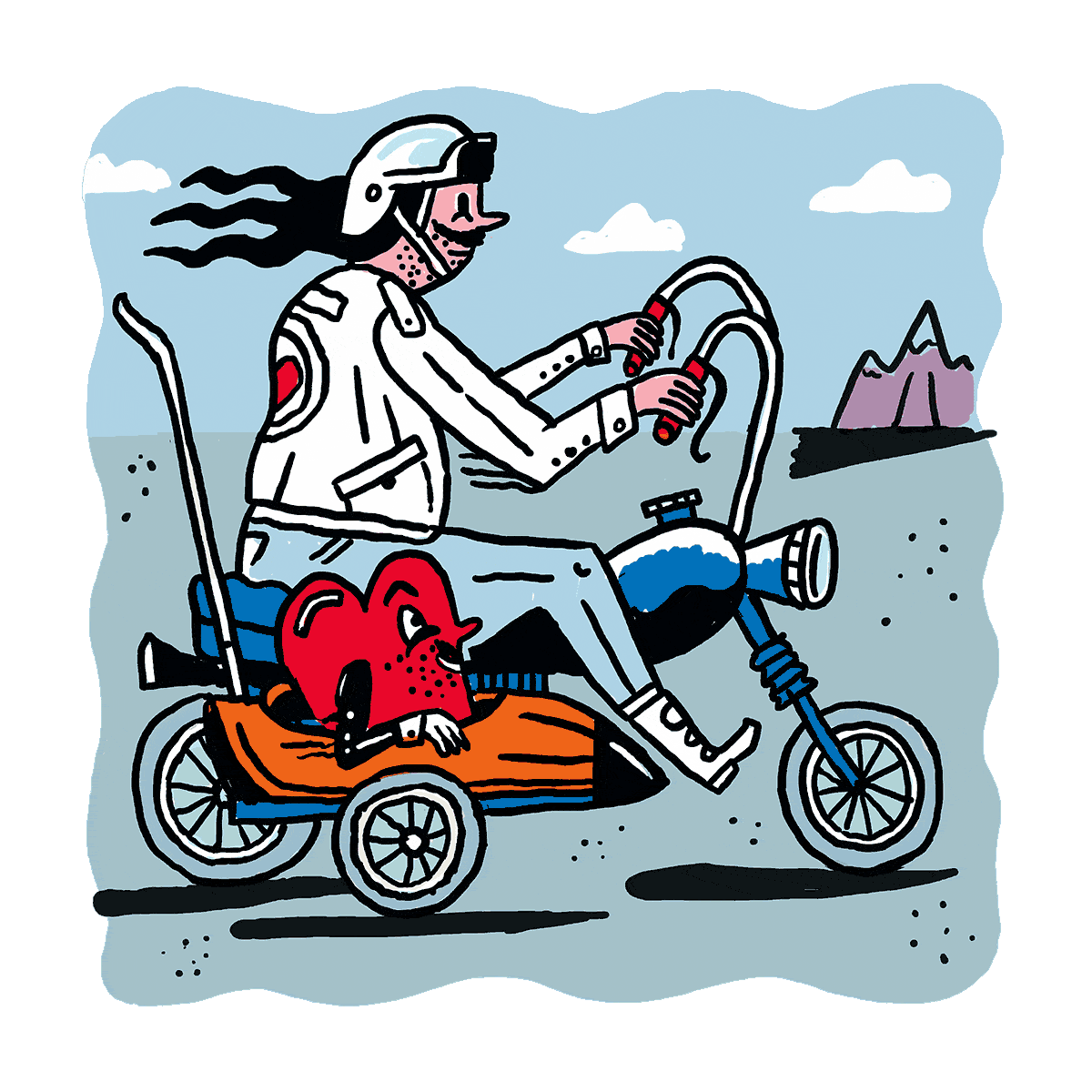 Traumhaftes Bild: Huberts neues Herz sitzt im Beiwagen einer Harley-Maschine. Der Fahrer trägt Schnurr- und Stoppelbart, langes Haar und auf seinem Rücken ist ein Herz auf die Kluft genäht. Sie fahren durch eine stilisierte Landschaft, ein Freiheitsgefühl kommt auf.