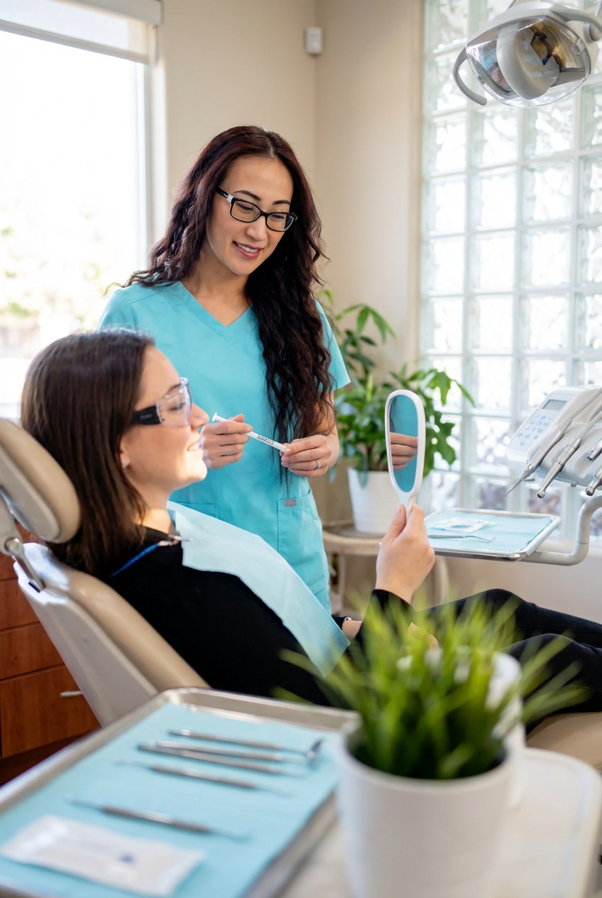 Dentist discussing cosmetic dental treatment with a patient while the patient looks at her smile in a handheld mirror.