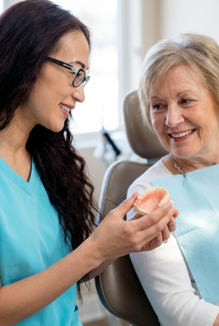 Dentist showing a full denture model to an elderly patient during a consultation about replacing missing teeth.