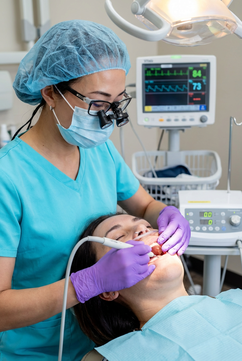 Oral surgeon performing a sinus lift procedure to add bone in the upper jaw before placing a dental implant.