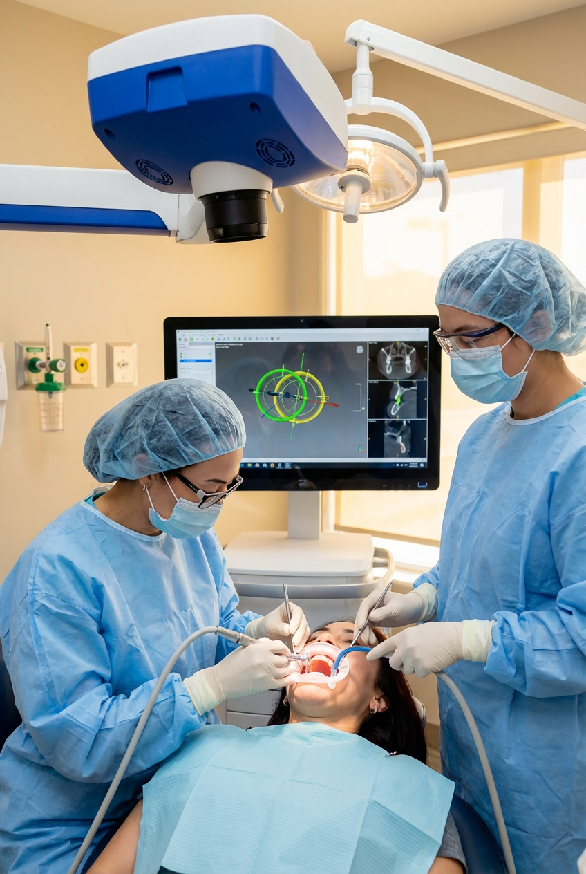 Oral surgeon placing a single dental implant while using guided implant technology displayed on a digital monitor.