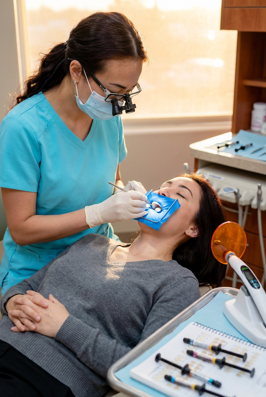 Dentist performing a dental treatment on a patient using professional dental tools in a modern dental clinic.