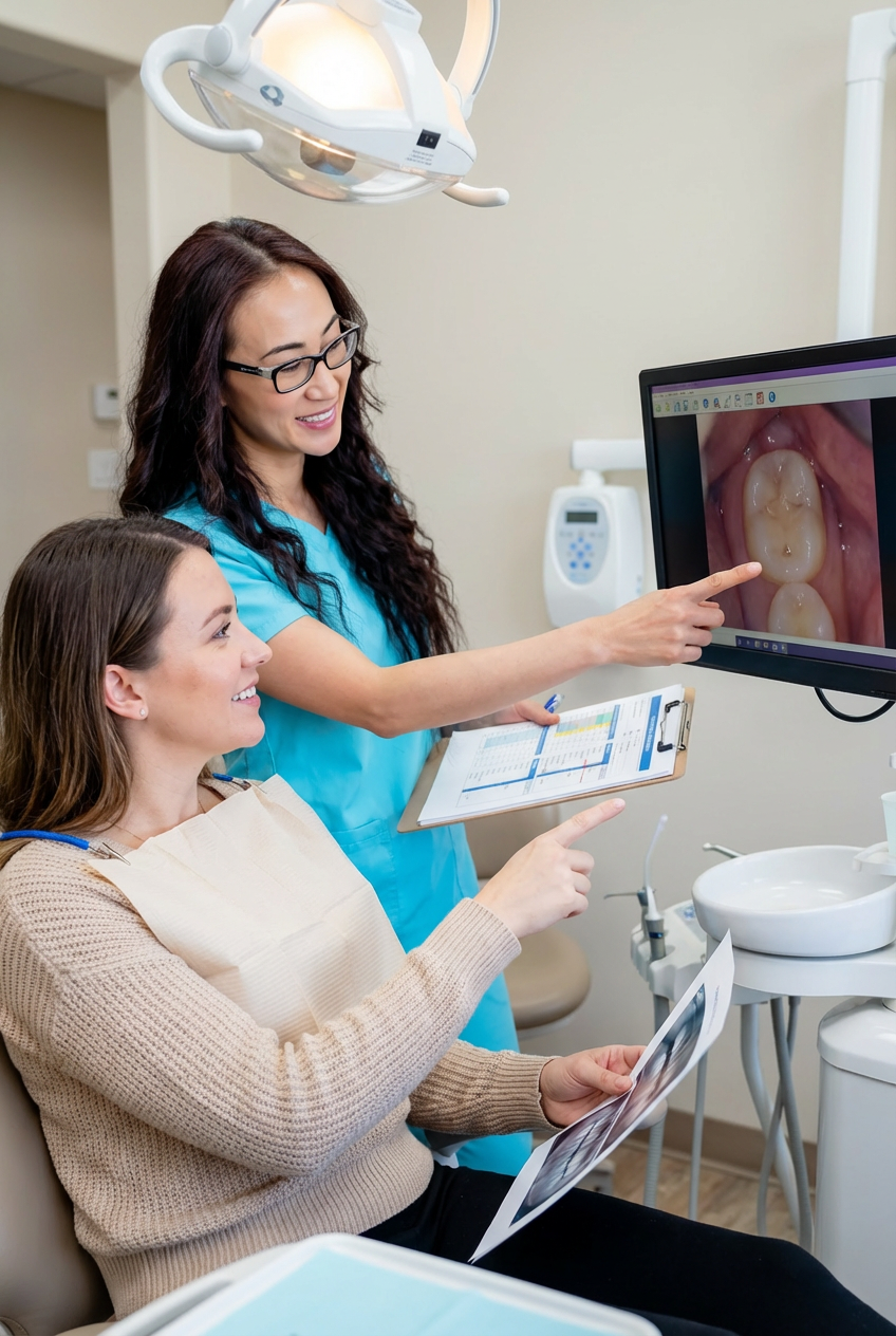 Dentist showing a patient a magnified image of a tooth on a monitor while explaining the need for an inlay or onlay restoration.