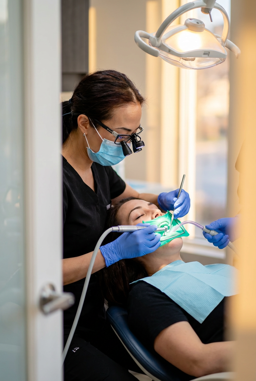 Dentist performing a professional dental cleaning on a patient using dental tools and protective equipment in a dental clinic.
