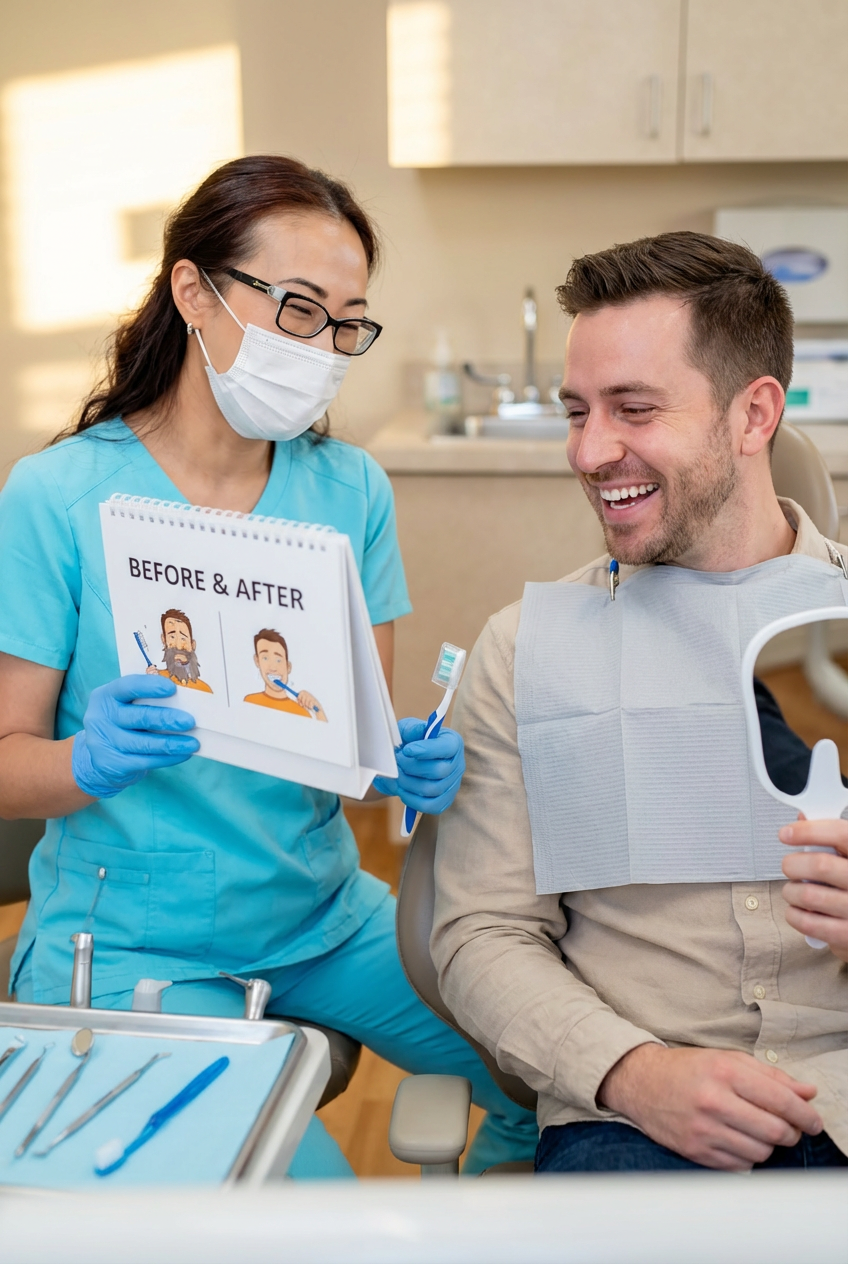 Dentist showing a patient a before and after brushing illustration during a dental exam consultation about proper oral hygiene.