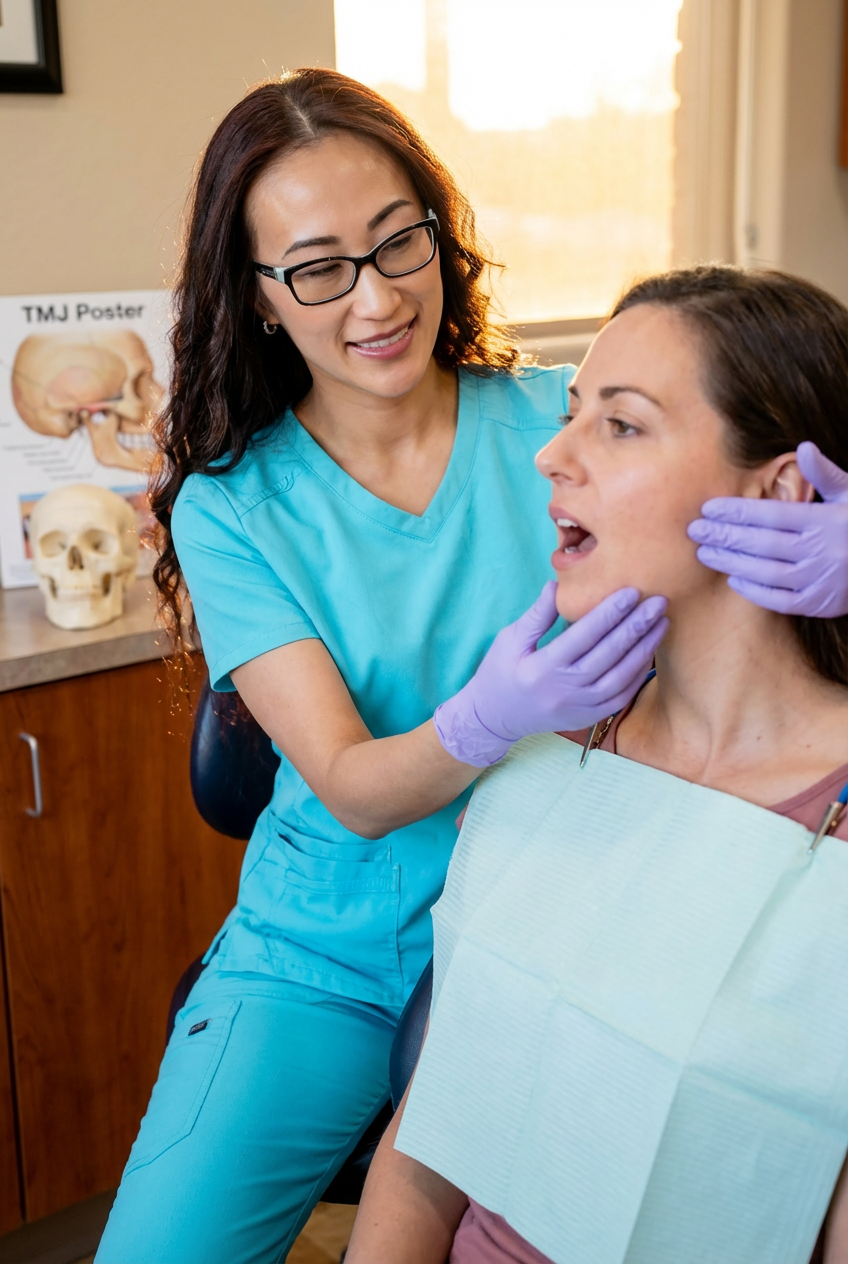 Dentist gently examining a patient’s jaw and facial muscles to evaluate TMJ symptoms and jaw joint movement.