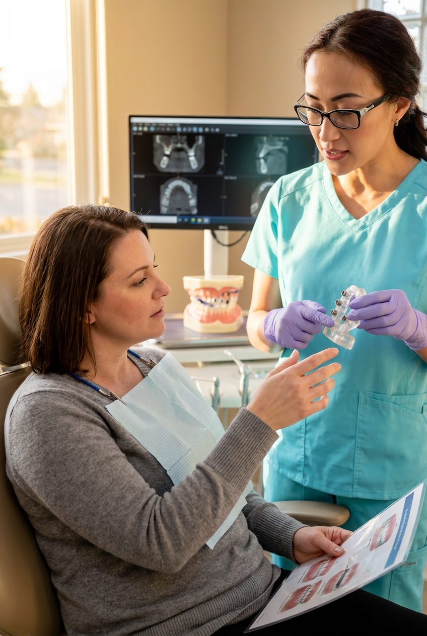 Dentist explaining dental implant components and treatment options to a patient during a consultation.