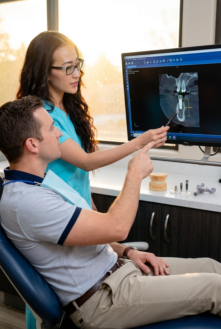 Dentist reviewing a dental scan on a monitor to plan the placement of implants for full arch tooth replacement.