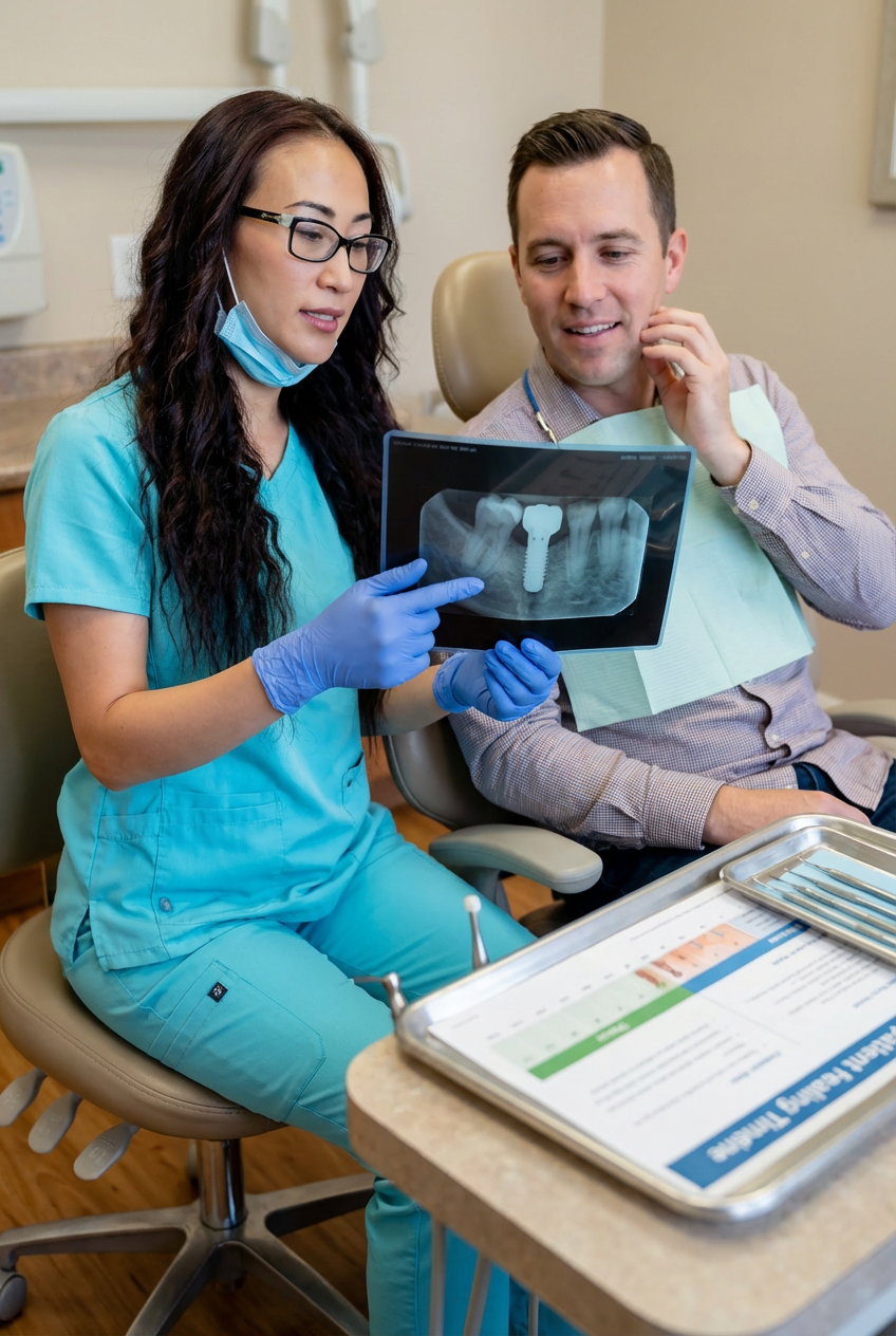 Dentist showing a patient an X-ray of dental implants while discussing full arch implant restoration and treatment options.