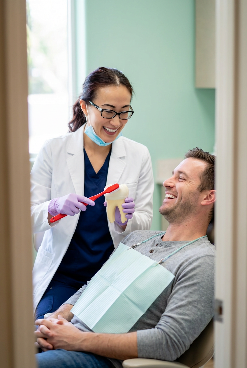 Dentist using a tooth model to explain proper brushing techniques and preventive dental care to a patient.