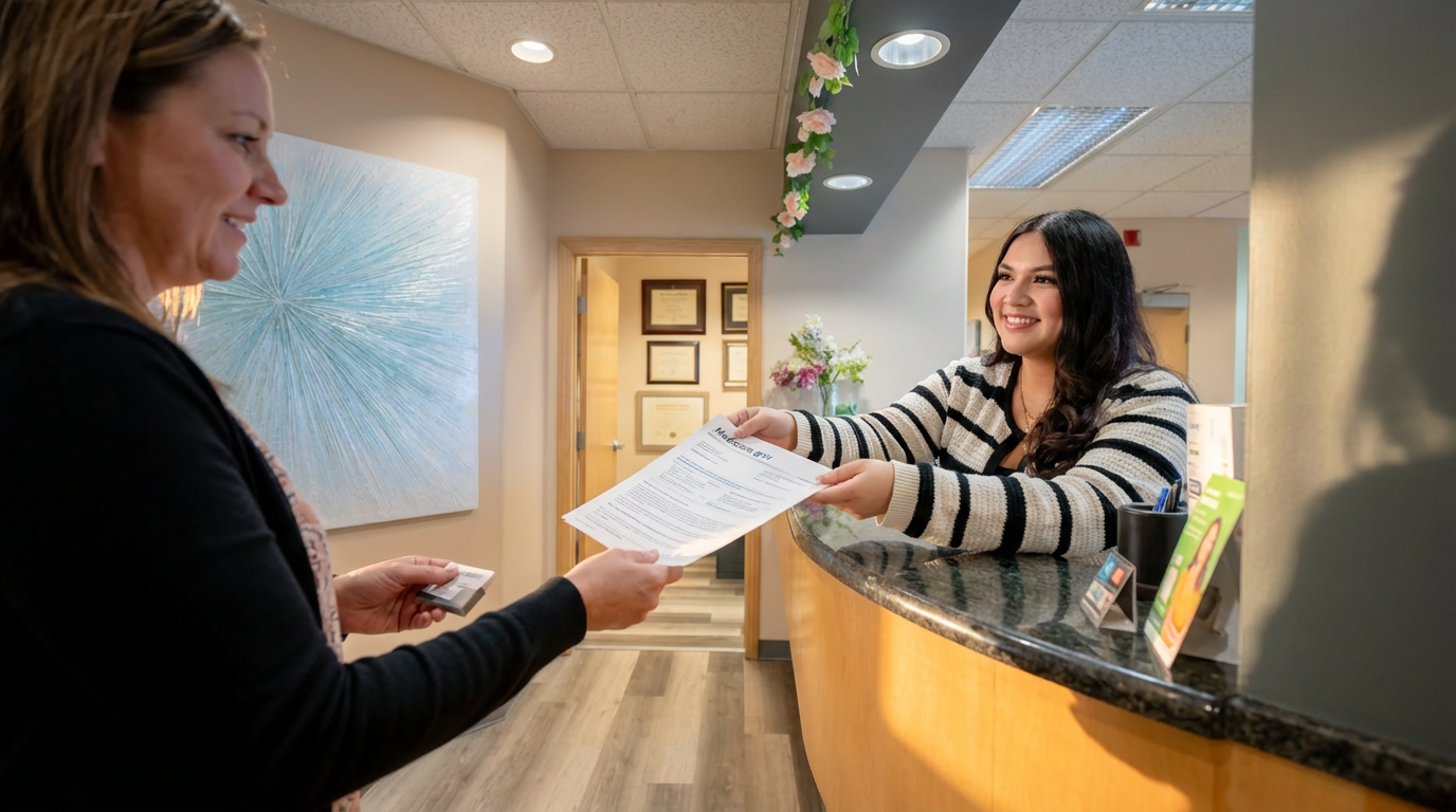 Front desk staff assisting a patient with Medicare-related documents at Ahn Dental Specialists in Redondo Beach, CA