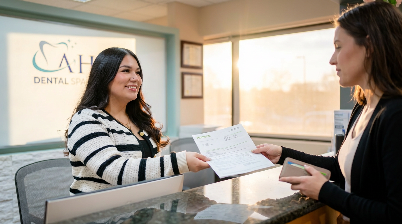 Front desk staff assisting a patient with Humana insurance documents at Ahn Dental Specialists in Redondo Beach, CA