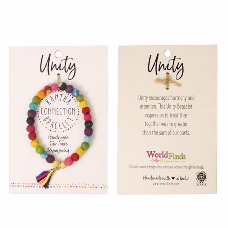 The front and the back of a rectangle piece of cardboard. On one side hangs a multi-colored braclet with the word "Unity" printed in large script text above with other written details inside the circled bracelet. On the other side again the word "Unity" is printed is script text with other details below it.