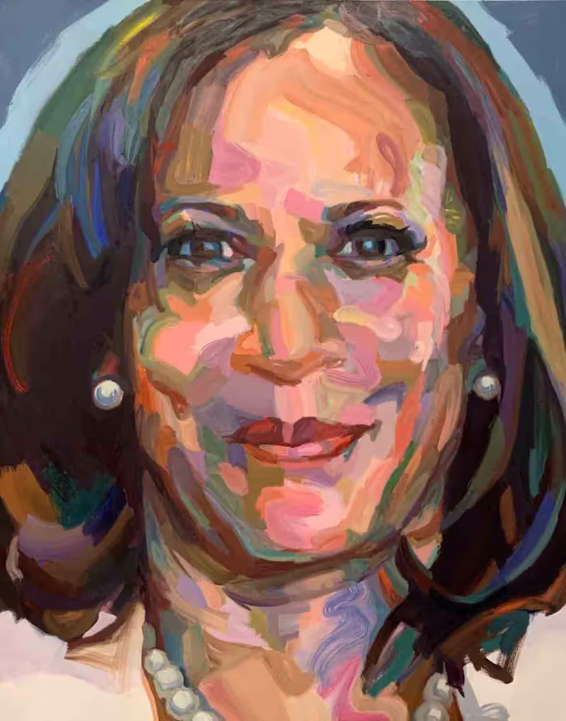 Graphic print of Kamala Harris's face rendered as a painting with borders. Text calling for her to be President in 2024 is printed large outside the border.