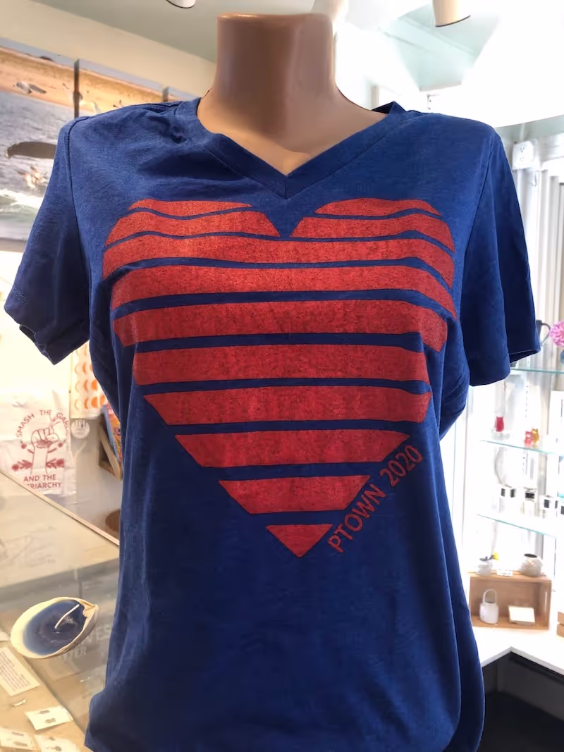 Blue Ptown Love V-neck displayed at Womencrafts in Provincetown, MA