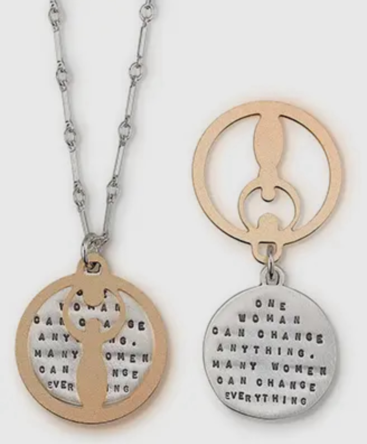 circle silver and gold necklace with words and image of a woman