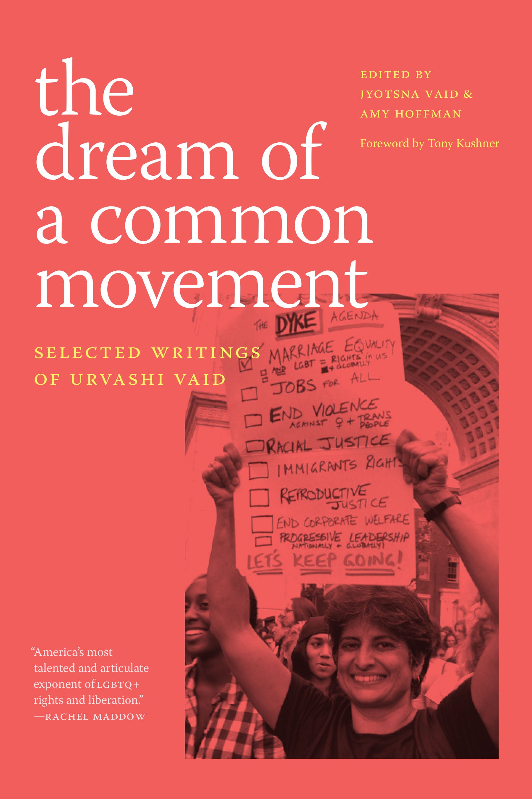 red book cover with urvashi vaid holding a protest poster