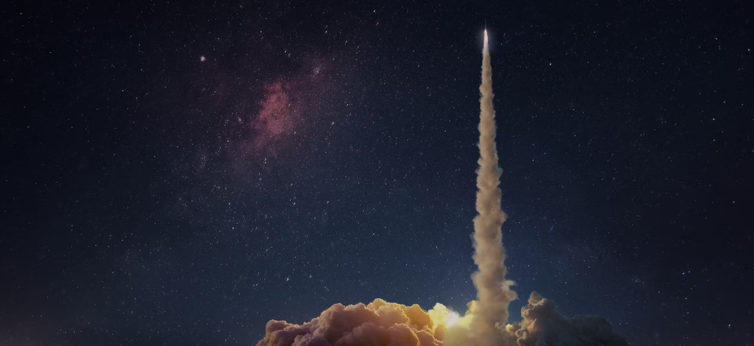 Rocket launching into starry night sky with the milky way stars