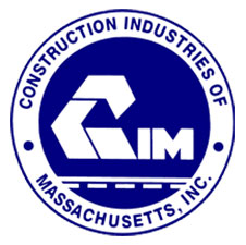 Blue and white logo for Construction Industries of Massachusetts, Inc., featuring a stylized excavator and road.