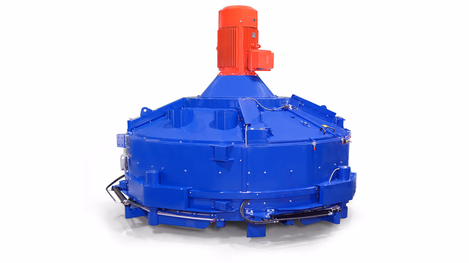 Large industrial mixer with a blue cylindrical body and a red motor mounted on top, isolated on a white background.