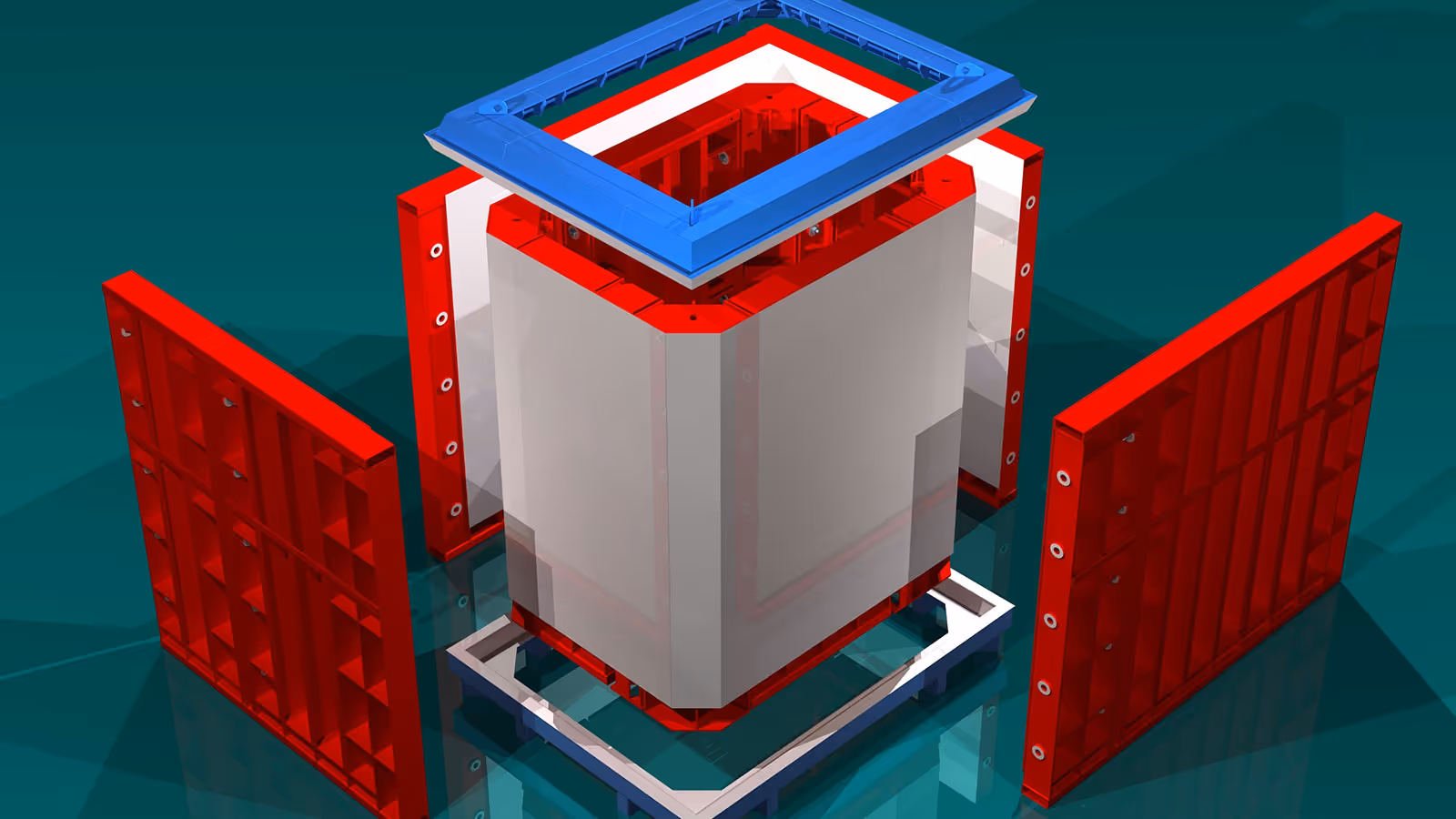 3D rendering of a red, white, and blue modular cube with removable side panels on a teal background.