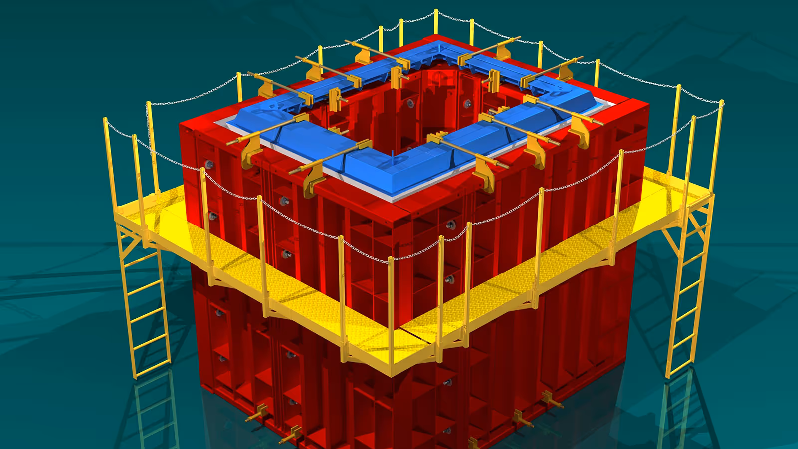 3D model of a red cubic structure with blue panels, yellow walkway, railings, and two ladders on opposite sides.