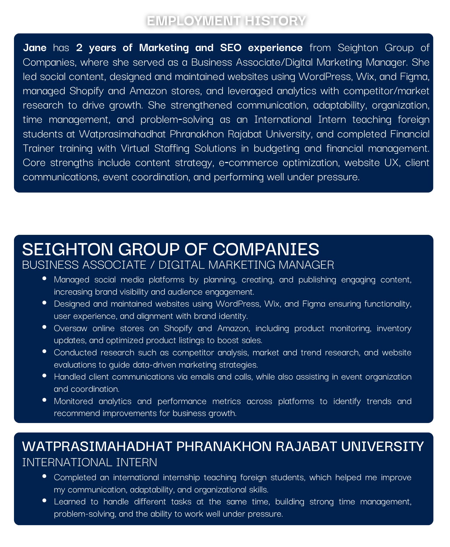Employment history highlighting Jane's 2 years of marketing and SEO experience with Seighton Group of Companies as Business Associate/Digital Marketing Manager, detailing skills in social content, website design, e-commerce, analytics, and client communication; includes roles at Seighton Group and international internship at Watprasimahadhat Phranakhon Rajabat University.