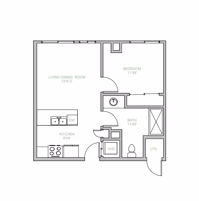 1-bedroom, 1-bath apartment floor plan at The Julian in Sloans Lake, Denver, CO, detailing kitchen, living, and laundry areas.
