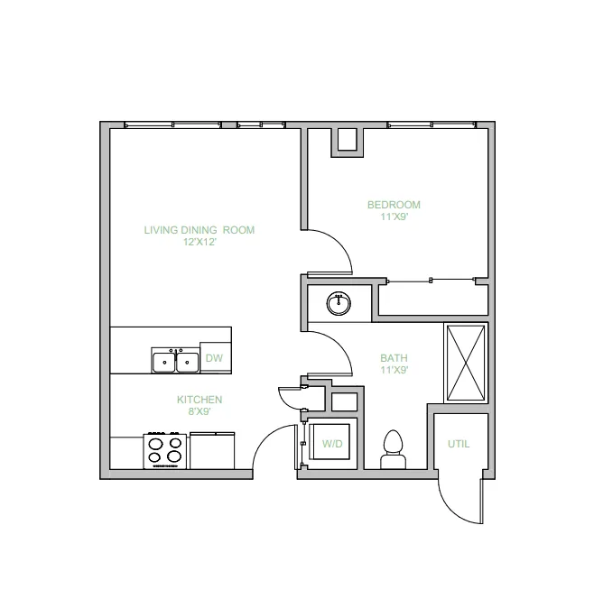 1-bedroom, 1-bath apartment floor plan at The Julian in Sloans Lake, Denver, CO, detailing kitchen, living, and laundry areas.