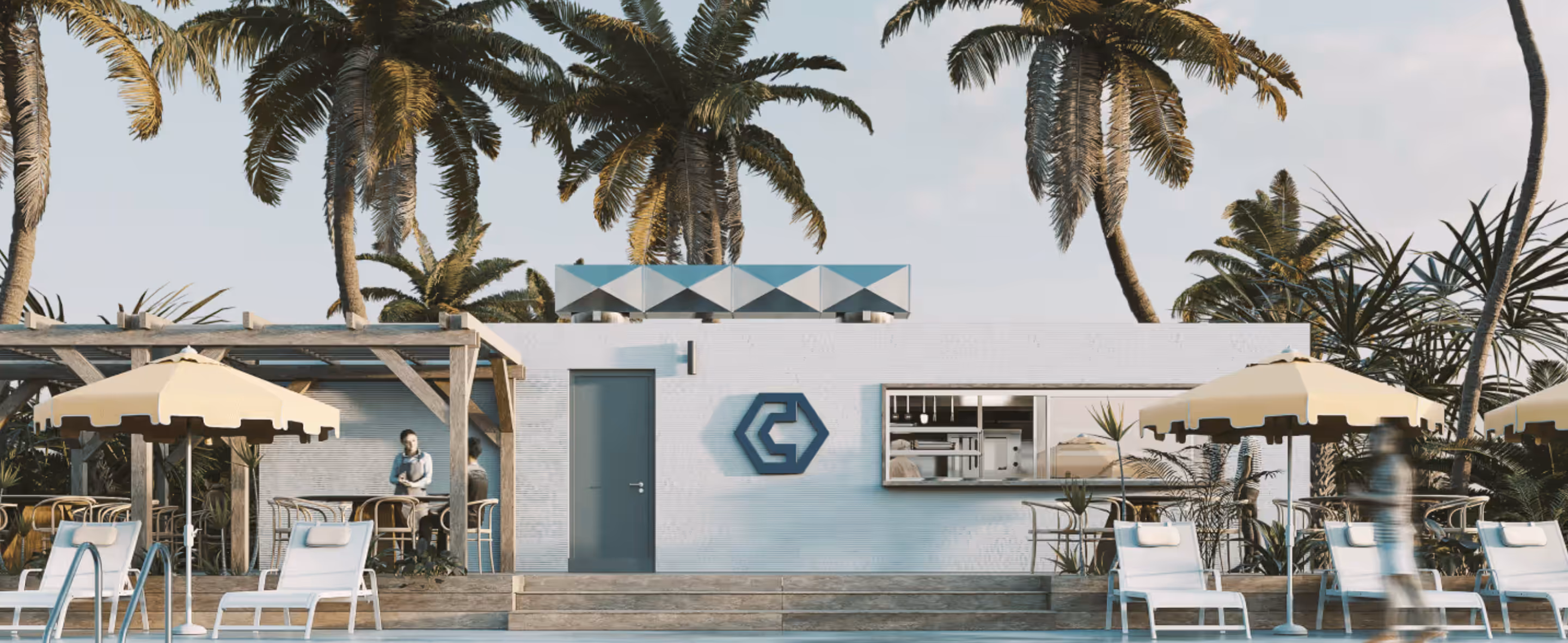 Modern white poolside cafe with palm trees, yellow umbrellas, lounge chairs, and people in a tropical outdoor setting.