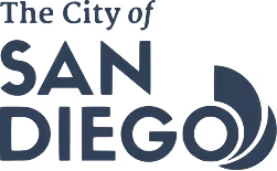 The City of San Diego navy logo with stylized text and wave graphic.