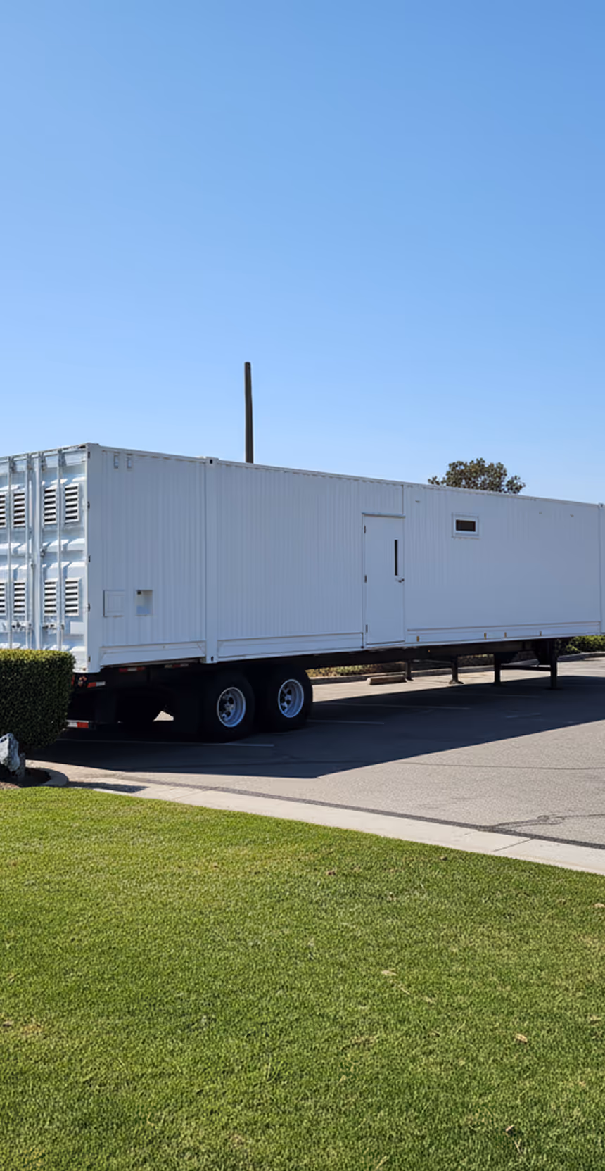 A large white mobile trailer with a door and small window parked on the asphalt near green grass under a clear blue sky.