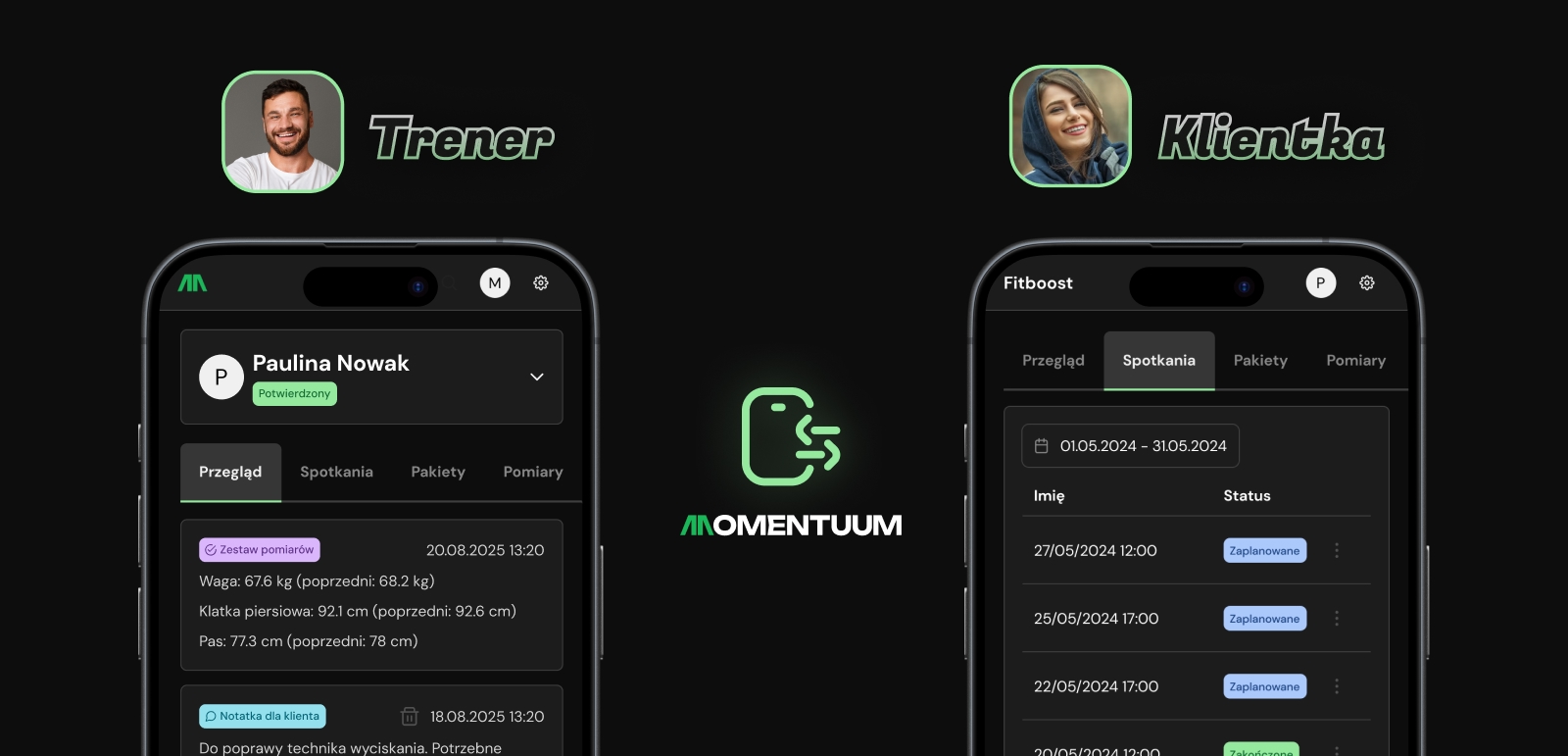 Aplikacja momentuum pokazana na dwóch ekranach - trenera oraz klientki. Na ekranie widać fragment interfejsu użytkownika.