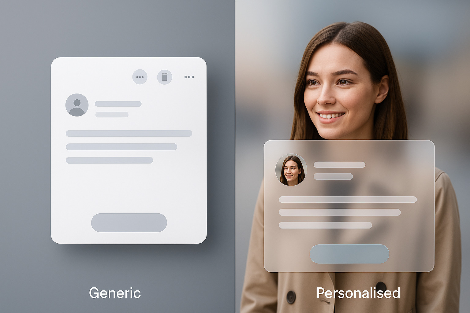 A split-screen image showing a generic user profile template on the left and a personalized profile overlay on the right.
