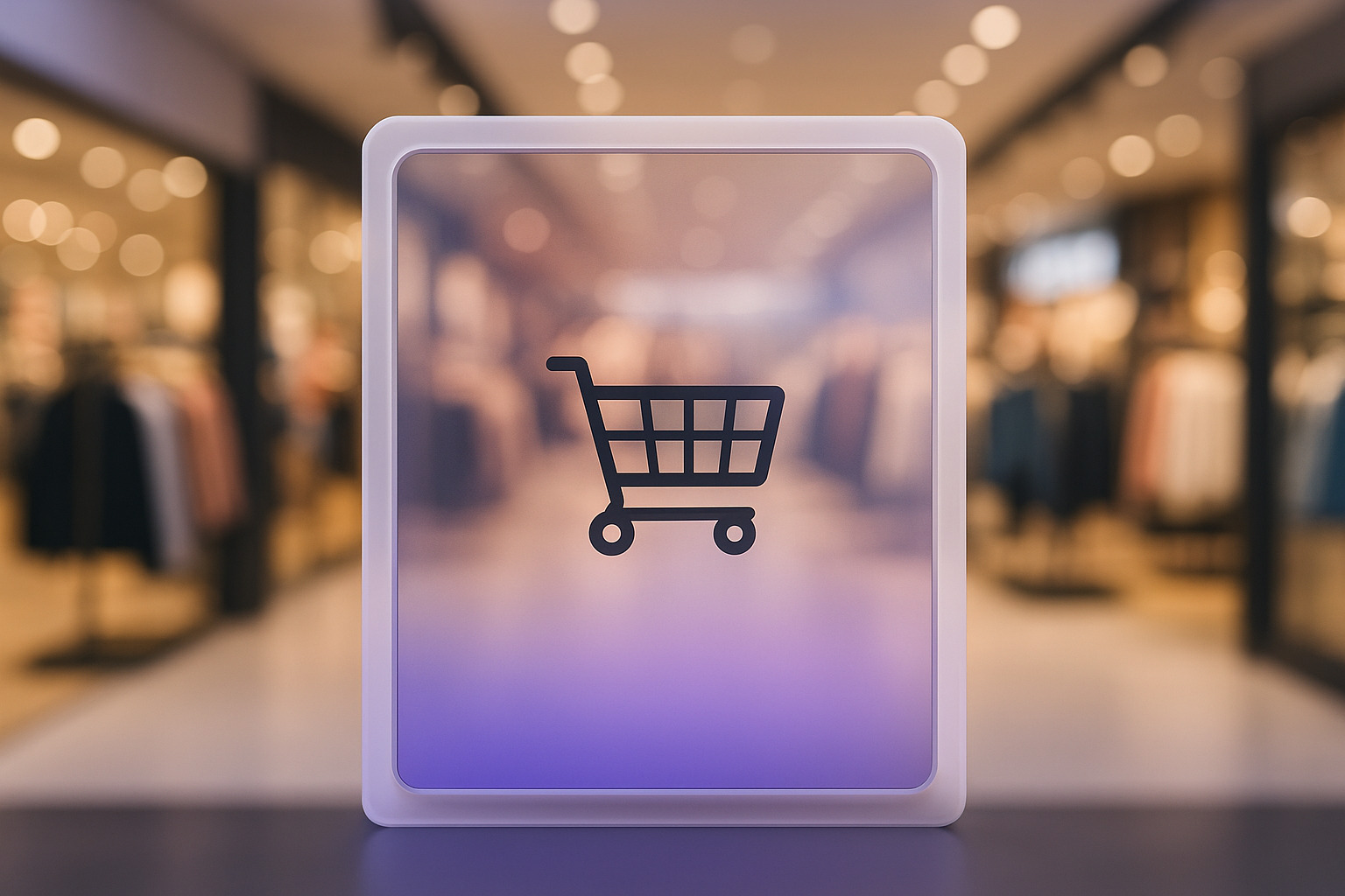 A glowing sign featuring a shopping cart icon, set against a blurred retail environment showcasing clothing displays.