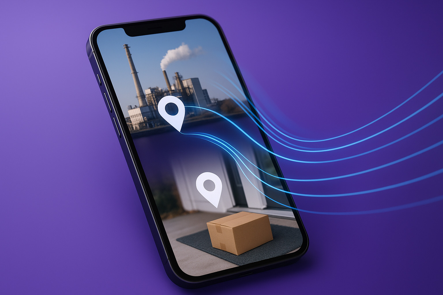 A smartphone displays a delivery box and industrial background, with location markers and dynamic lines representing tracking.