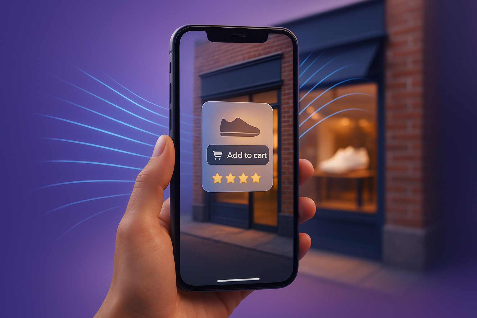 A hand holds a smartphone displaying a "Add to cart" option for shoes, with a store background and five-star rating visible.