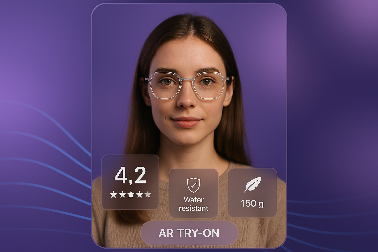 A woman with long hair wears a beige sweater; features an AR Try-On interface showing ratings, weight, and water resistance icons.