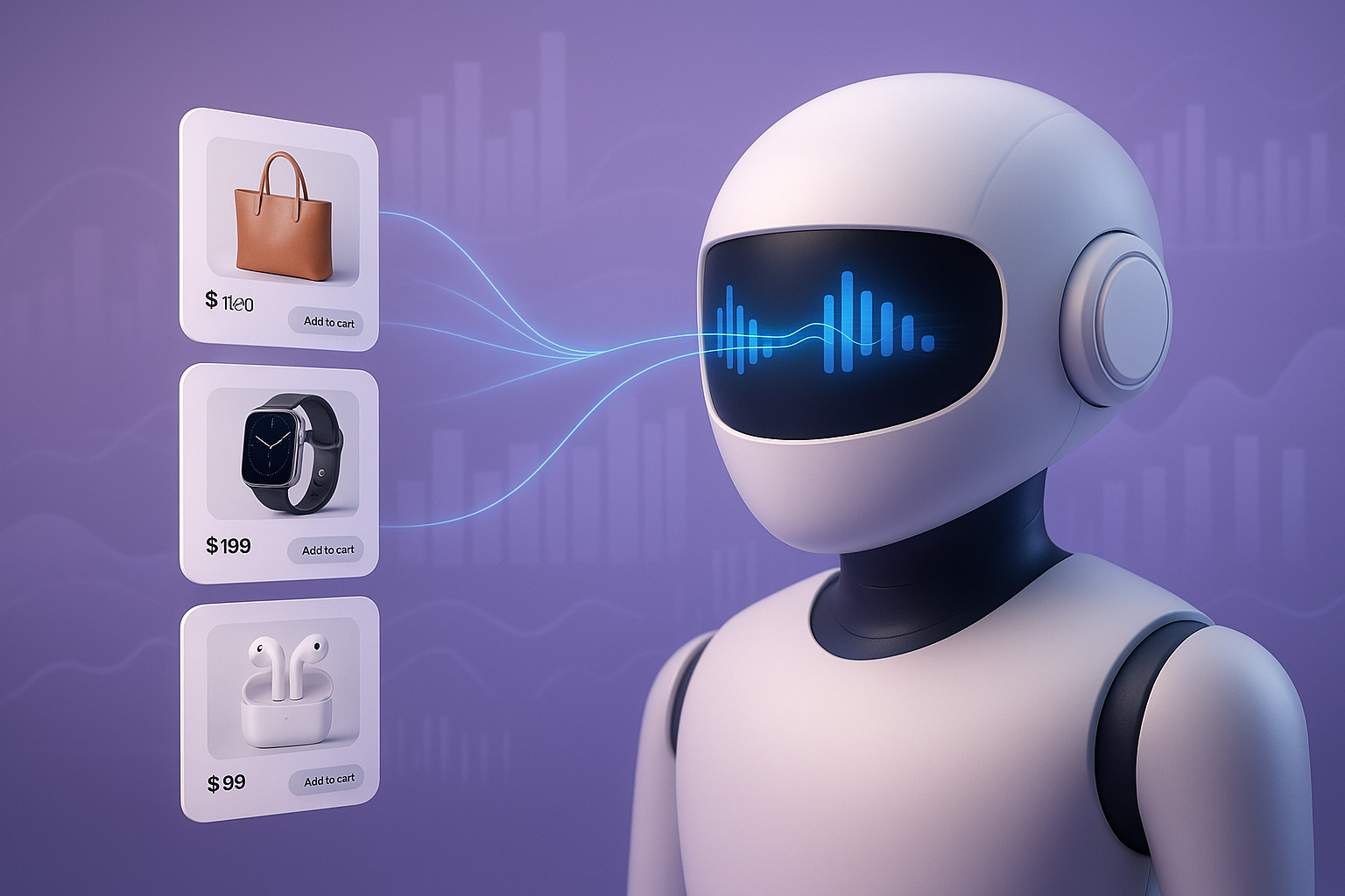 A futuristic robot interacts with shopping items: a handbag, smartwatch, and earbuds, showcasing prices and an 'Add to cart' option.