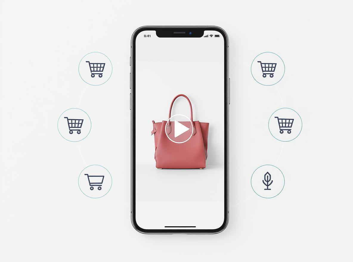 A smartphone displays a video of a pink handbag, surrounded by shopping cart icons, suggesting an online shopping experience.