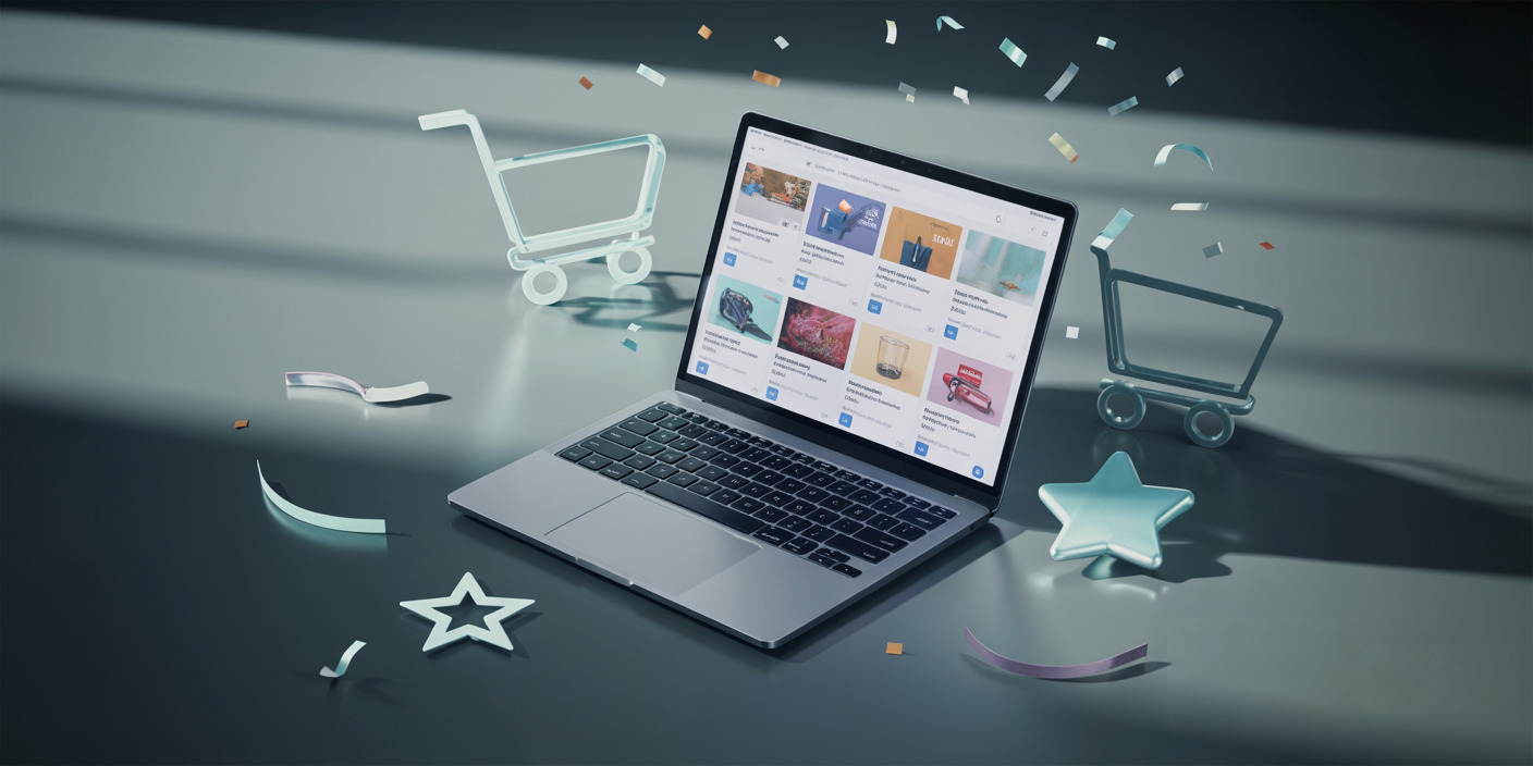 A laptop displays an online shopping interface, surrounded by decorative shopping carts and confetti on a sleek surface.