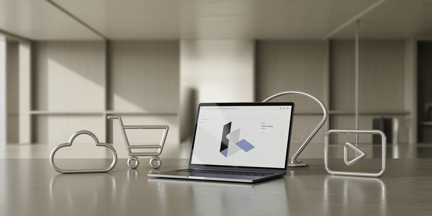 A laptop displays a geometric design, surrounded by minimalist metal icons: a shopping cart, cloud, and play button, on a sleek tabletop.