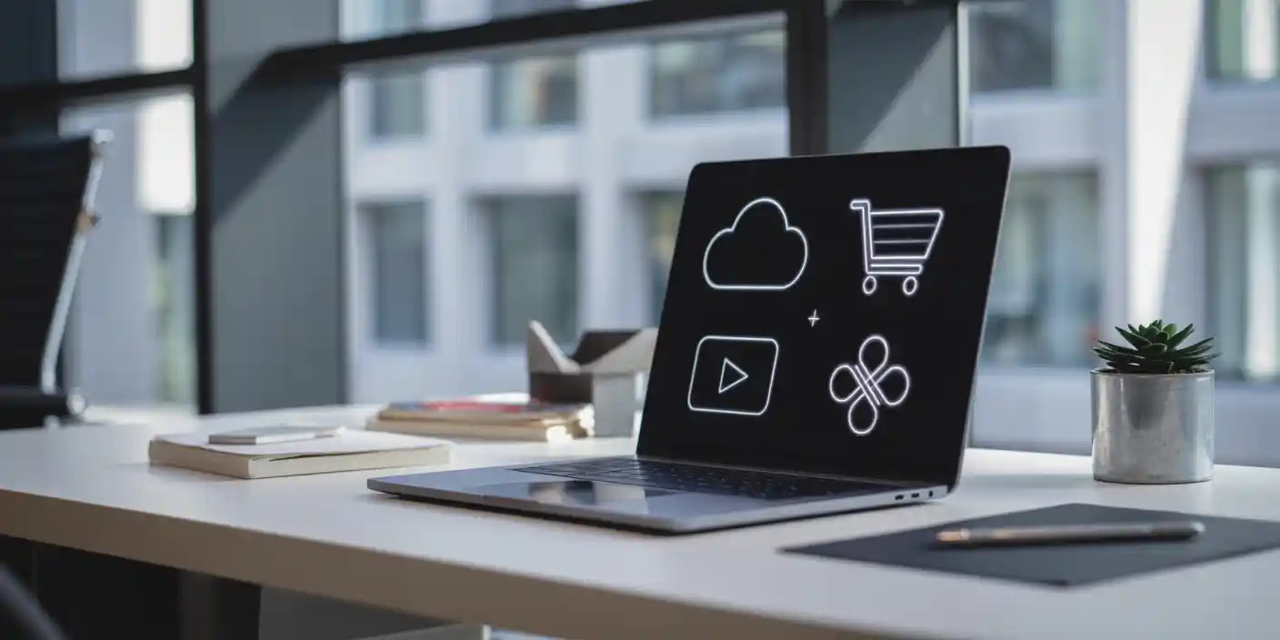 A laptop on a desk displaying cloud, shopping cart, video, and design icons, with a succulent plant and stationery nearby.