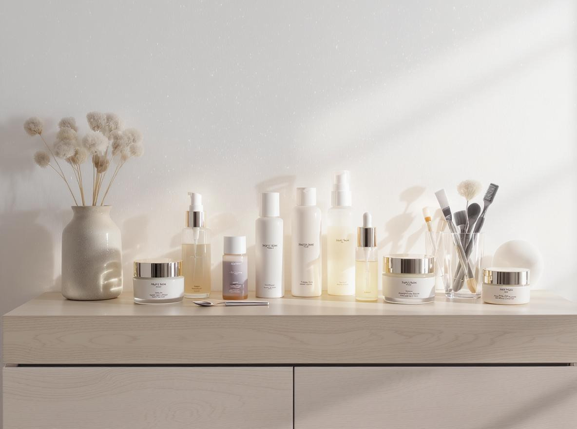 A minimalist skincare display featuring various elegant white bottles and jars on a wooden surface, alongside a flower vase and brushes.