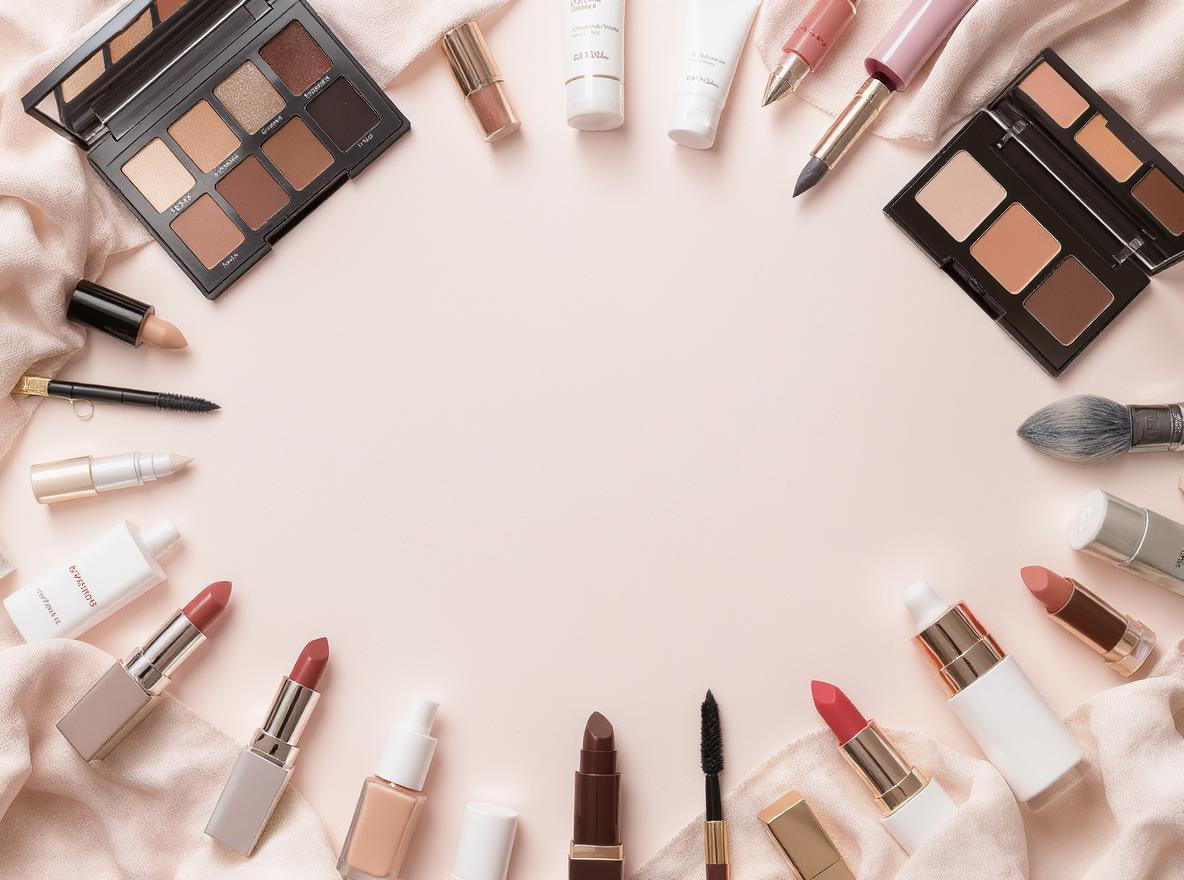 A variety of makeup products arranged on a soft fabric, featuring lipsticks, eyeshadow palettes, and skincare bottles on a light background.