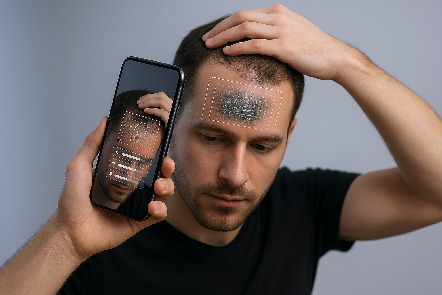 A person holds a smartphone in one hand while brushing their hair back with the other, showcasing a casual, introspective moment.