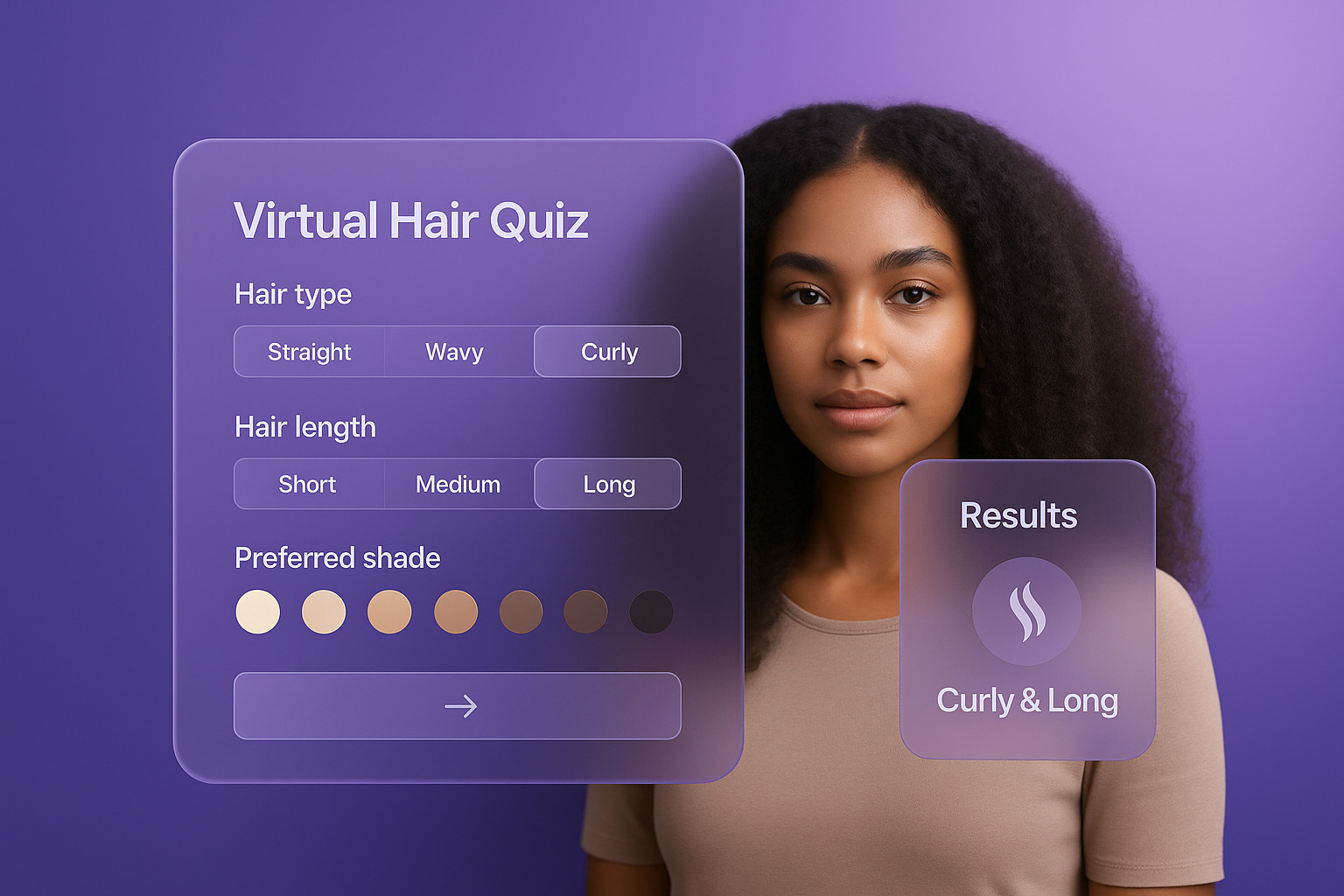 A virtual hair quiz interface displaying options for hair type, length, and shade preferences, set against a vibrant purple background.