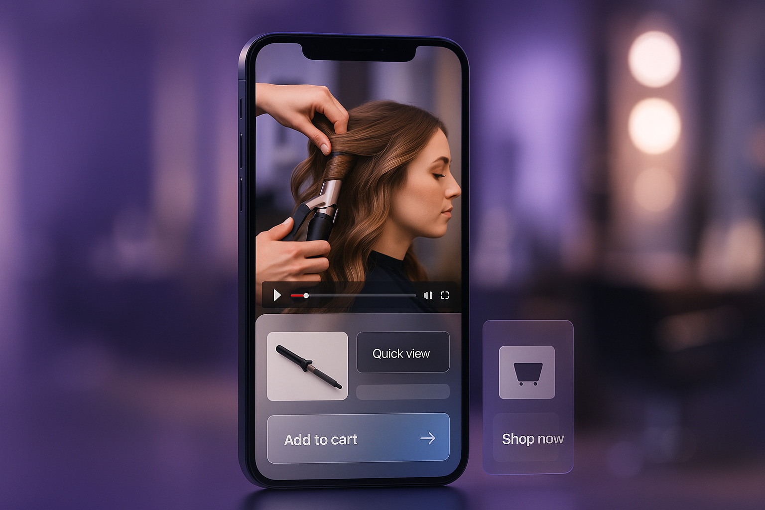 A smartphone displays a hair styling video, featuring a curling iron, with options to add products to cart or quick view.