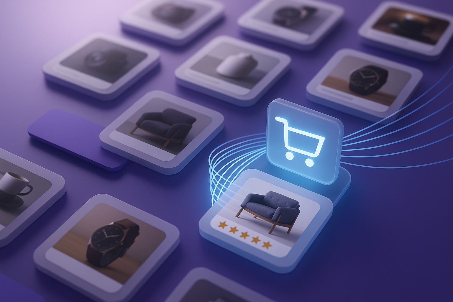 A 3D visualization showcasing a highlighted armchair with five-star ratings, surrounded by product icons and a glowing shopping cart symbol.